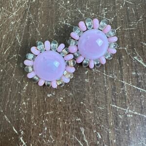 VINTAGE Silver Tone Pink GLASS‎ bead Round Clip on Earrings